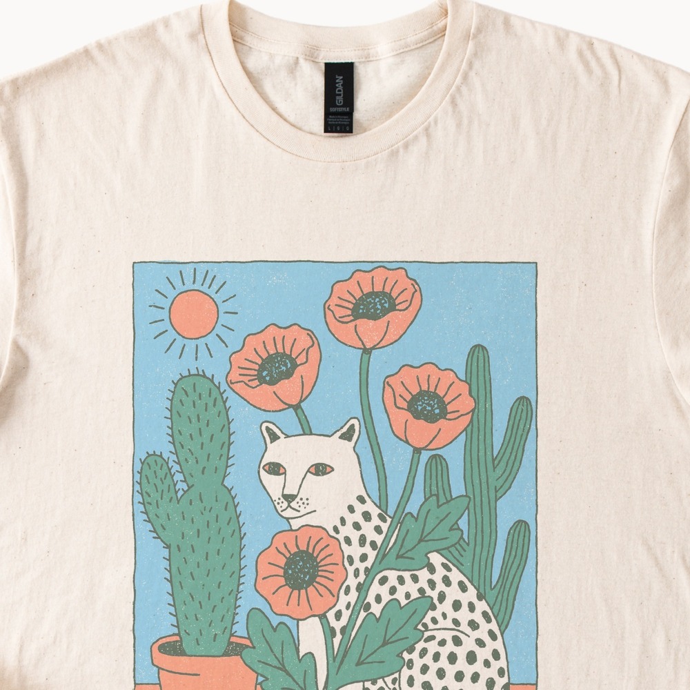 Risograph Print Art Boho Tee – Leopard & Poppies